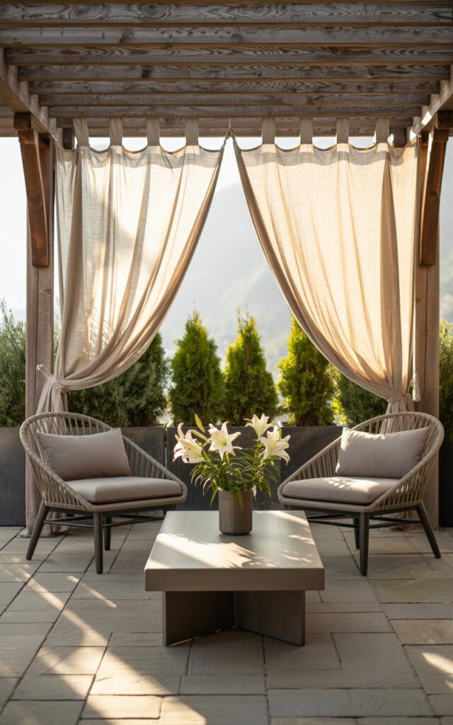 A photograph of a modern alpine patio centered around a sleek, minimalist coffee table. The table is crafted from dark wood and topped with a single, vibrant vase of white lilies, while two woven lounge chairs with dove-grey cushions flank it invitingly. Above, a wooden pergola is draped with flowing linen curtains in a soft cream color, gently billowing in a warm breeze that catches the sunlight. Soft, dappled sunlight filters through the curtains, illuminating the patio and casting long shadows across the stone flooring while potted evergreens line the perimeter, adding a touch of natural elegance to the serene scene.