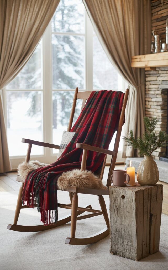 A photograph of an elegant alpine chic living room bathed in soft, natural light from a large bay window draped with flowing beige curtains. A classic wooden rocking chair takes center stage, beautifully styled with a casually draped deep red plaid scarf, a chunky cream-colored knit throw, and a luxurious faux fur cushion nestled against its back. Beside the chair, a weathered rustic side table displays a steaming mug of hot cocoa, a flickering vanilla candle, and a charming pine arrangement in a glazed ceramic vase. The room showcases exposed wooden ceiling beams, a stacked stone fireplace, and glimpses of snow-dusted evergreen trees through the window, creating a serene mountain lodge atmosphere with warm textures and neutral tones throughout.