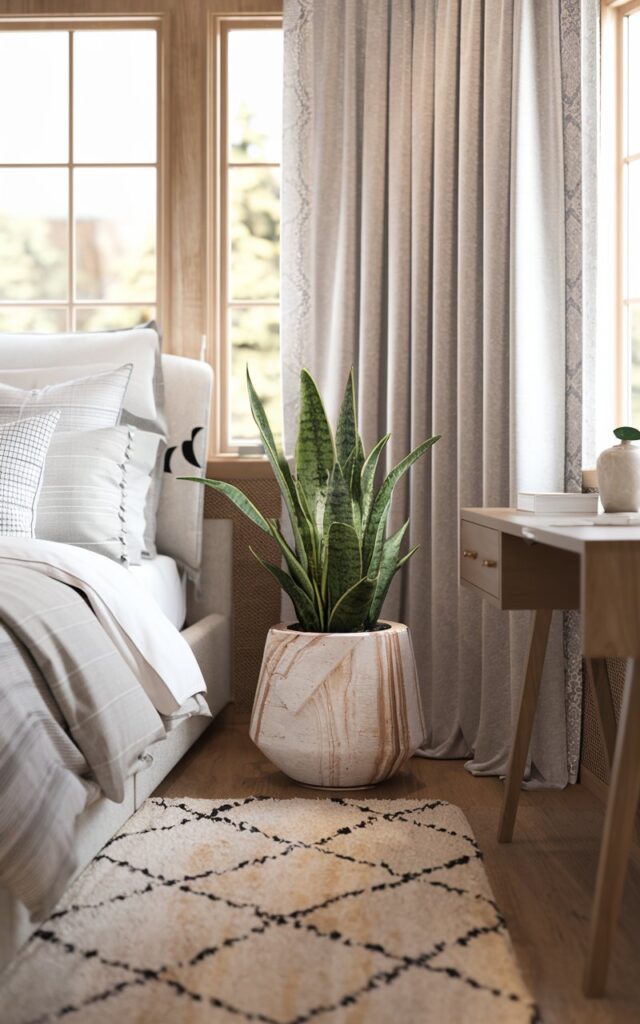 A high-resolution photo of an alpine chic-coastal bedroom with a corner featuring a small snake plant in a stylish designer pot. The room combines soft coastal tones with alpine textures, including a cozy bed with layered bedding, wooden accents, and a plush rug. There is also a study desk nearby. Natural light streams through curtained windows, highlighting the greenery and adding freshness to the space. Subtle decorative touches complete the serene, elegant, and inviting bedroom.
