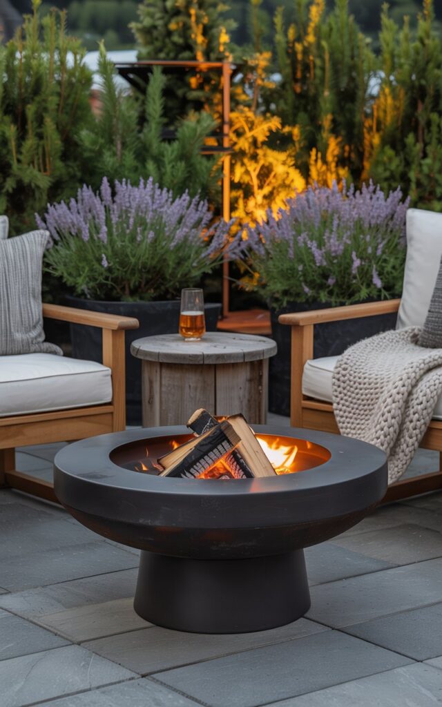 A photograph showcasing a sleek black metal fire bowl as the central focus of an alpine chic patio. The fire bowl has clean, modern lines and is filled with glowing embers, casting a warm orange light that dances on the surrounding surfaces. Cozy wooden seating with plush cream cushions and a chunky knit throw blanket is arranged around a small weathered wooden side table holding a glass of sparkling cider. Lush potted evergreens and vibrant lavender shrubs frame the patio, illuminated by the soft golden light of dusk, creating a tranquil and inviting outdoor space.