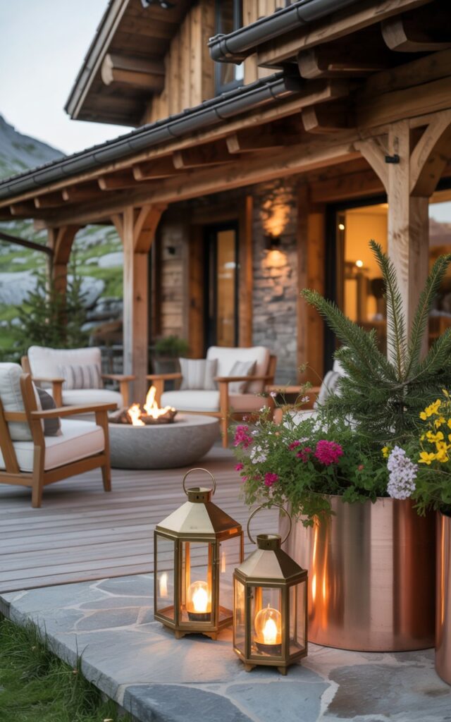 A photograph of a modern farmhouse patio seamlessly connected to an alpine-chic home, creating an inviting outdoor lounge area. Two brass lanterns and several copper planters, filled with vibrant alpine flowers and evergreen branches, subtly illuminate the comfortable space which features cozy wooden armchairs and a circular stone fire pit. Exposed wooden beams and natural stone flooring enhance the rustic charm, while soft, warm light from the brass lanterns bathes the scene at dusk. The composition creates a relaxed and elegant ambiance, ideal for mountain evenings and casual gatherings.