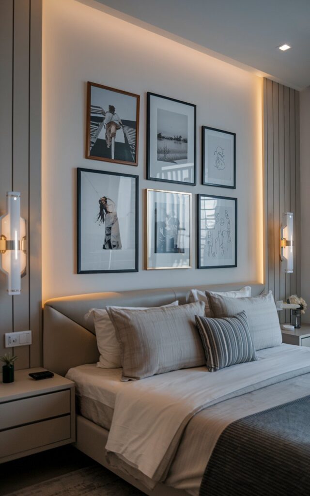 A photo of an art deco–minimalistic bedroom with a layered gallery wall above the bed. The wall has 3-4 frames showcasing family photos, scenaries, and doodles. The room includes a sleek bed with neutral bedding, minimal nightstands, and subtle geometric accents reflecting art deco style. The clean lines, muted color palette, and carefully curated decor maintain a minimalist feel. The gallery wall adds personality and character. Soft ambient lighting highlights the wall and creates a cozy, stylish atmosphere.