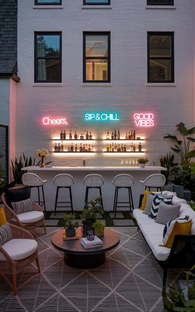 An eclectic + transitional backyard patio at night, featuring a sleek outdoor bar with modern finishes and ambient lighting. Above the bar, 2-3 neon signs glow with short, playful phrases like "Cheers," "Sip & Chill," and "Good Vibes." The patio is fully furnished with a mix of contemporary and vintage seating, low tables, patterned rugs, and potted plants, creating a layered, inviting vibe. Soft accent lighting highlights textures and architectural details, while the neon signs add color, fun, and a trendy night-time energy.
