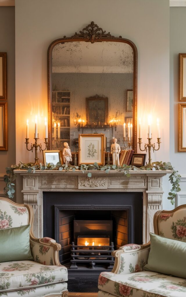 A photograph of an elegant English countryside living room centered around a beautifully decorated stone fireplace mantel. An ornate vintage mirror with an aged bronze frame sits atop the mantel, flanked by flickering candles in brass and crystal holders that cast dancing reflections across its surface. The mantel is adorned with a delicate garland of eucalyptus, small gilt-framed botanical prints, leather-bound books, and cream-colored porcelain figurines. The room exudes timeless charm with floral chintz armchairs, soft cream and sage green textiles, and warm honey-colored wood accents, all bathed in the golden glow of candlelight that creates intimate shadows throughout the space.