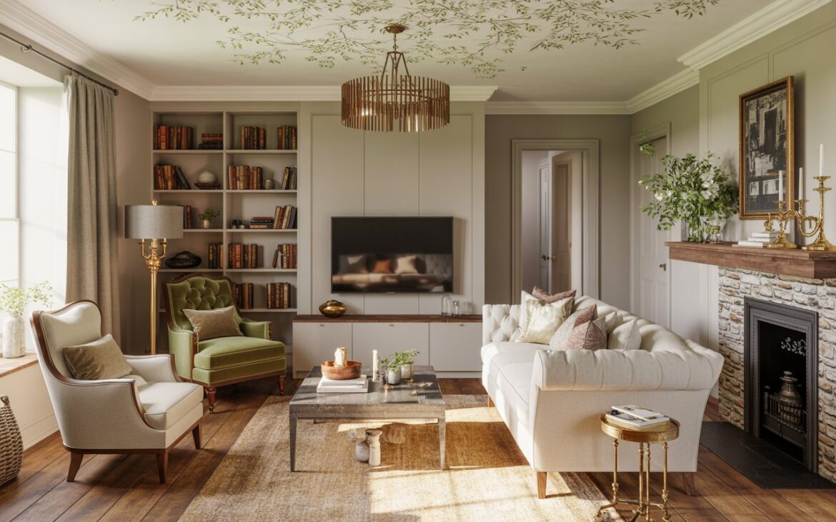 A beautifully styled open-plan living room that seamlessly blends English countryside charm with rustic warmth and glamorous sophistication. The space features a plush cream sofa and matching armchairs arranged around a stone fireplace with an ornate wooden mantel adorned with brass candlesticks and fresh florals, while a sleek entertainment console houses a mounted TV beneath. A cozy reading nook nestled in the corner showcases a tufted velvet armchair in sage green beside a brass floor lamp, complemented by built-in bookshelves filled with leather-bound volumes. The wallpapered ceiling displays delicate botanical patterns, anchored by a statement crystal pendant light that casts warm shadows, while soft sunlight filters through linen curtains to illuminate the rich wood floors, metallic accents, and layered textures of wool throws and silk cushions.