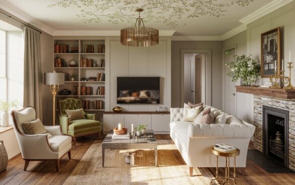 A beautifully styled open-plan living room that seamlessly blends English countryside charm with rustic warmth and glamorous sophistication. The space features a plush cream sofa and matching armchairs arranged around a stone fireplace with an ornate wooden mantel adorned with brass candlesticks and fresh florals, while a sleek entertainment console houses a mounted TV beneath. A cozy reading nook nestled in the corner showcases a tufted velvet armchair in sage green beside a brass floor lamp, complemented by built-in bookshelves filled with leather-bound volumes. The wallpapered ceiling displays delicate botanical patterns, anchored by a statement crystal pendant light that casts warm shadows, while soft sunlight filters through linen curtains to illuminate the rich wood floors, metallic accents, and layered textures of wool throws and silk cushions.