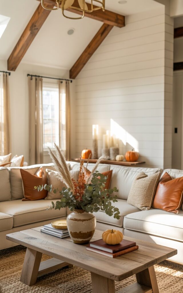 A photograph of an open-plan modern southern traditional and farmhouse style living room elegantly decorated for autumn. The spacious room features a plush cream sectional sofa adorned with terracotta and beige throw pillows, positioned on a soft woven jute rug that anchors the seating area around a reclaimed wood coffee table displaying a ceramic vase filled with dried eucalyptus and pampas grass alongside leather-bound books. White shiplap accent walls complement exposed natural wood ceiling beams, while vaulted ceilings showcase brass pendant lighting that casts a warm glow throughout the space. Filtered golden sunlight streams through linen curtains, illuminating carefully placed fall accents including ivory candles, small orange pumpkins, and chunky knit throws, creating a welcoming atmosphere that perfectly balances refined southern elegance with cozy farmhouse charm.