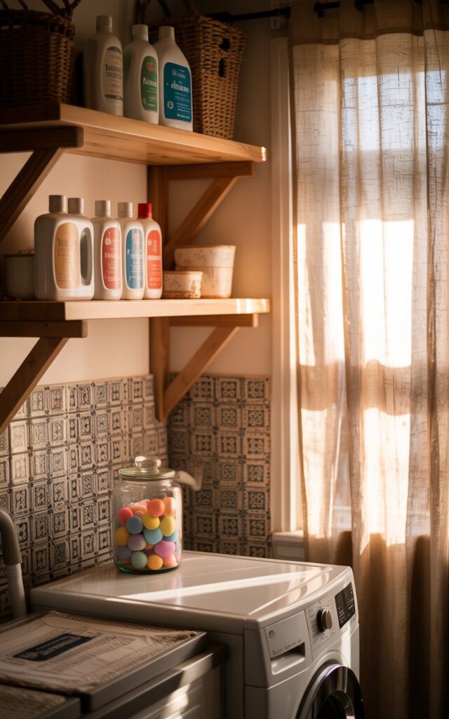 A photograph showcasing a charming laundry room with a handcrafted wooden shelf mounted above a washing machine. The shelf holds neatly arranged detergent bottles with vibrant labels, a glass jar brimming with colorful laundry pods, and a few fabric softener containers. A patterned ceramic backsplash adds a touch of personality behind the washer, while a sheer linen curtain filters soft sunlight through a nearby window. The scene is warmly lit, creating a cozy and inviting atmosphere.