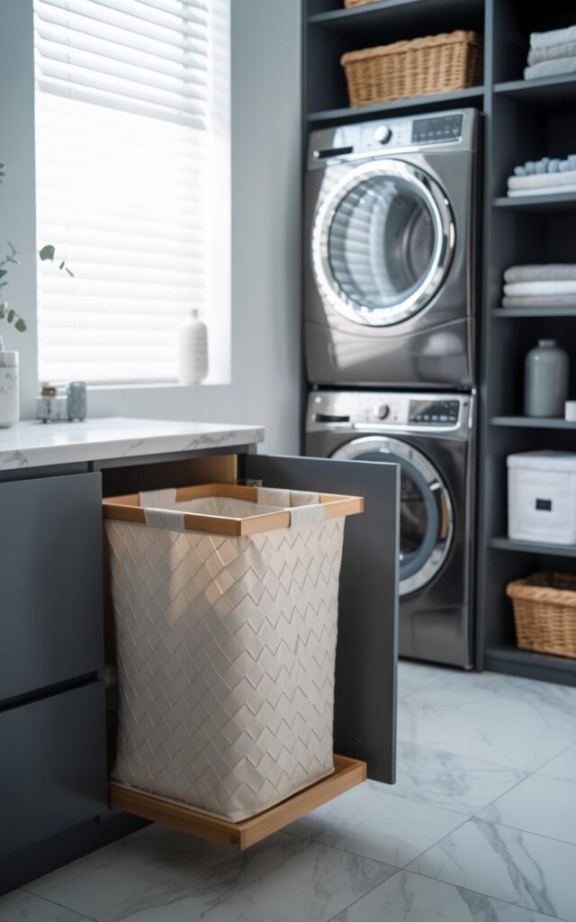 A photograph of a stylish pull-out hamper seamlessly integrated under a sleek marble countertop in a modern laundry room. The hamper is crafted from woven cotton with a subtle geometric pattern, its natural texture contrasting with the cool gray of the marble. A stacked black washer and dryer sit against the back wall, accented by open shelves filled with neatly folded towels and laundry supplies. Soft, diffused light streams through a nearby window, illuminating the room's clean lines and creating a sense of organized serenity.