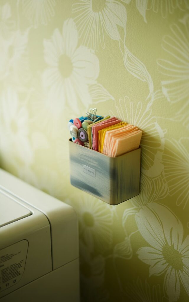 A photograph of a small, rectangular magnetic container affixed to a gently textured wall next to laundry appliances. The container is a soft gray color with a subtle brushed metal finish and holds a curated selection of colorful buttons, clips, and neatly folded dryer sheets. The wall features a muted floral wallpaper pattern in shades of pale yellow and cream, creating a warm and inviting atmosphere. Soft, diffused natural light filters in from a nearby window, gently illuminating the scene and highlighting the textures of the wall and the items within the container.