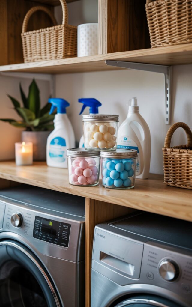 Stack a few items on the open shelf: 2-3 Clear Jars of Detergent Pods and Powders, spray bottles, detergent liquids, a small plant, a candle. The shelf is present above the washer and dryer inside a chic + rustic style laundry room with other essentials. Natural light is soft, ambient.