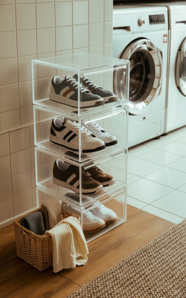 A photograph showcasing a collection of neatly organized shoes displayed in three clear acrylic boxes. Inside each box, a different pair of stylish sneakers is visible, their textures and colors subtly contrasting with one another. A small wicker basket sits beside the boxes, containing a few neatly folded socks in shades of gray and cream. The scene is set in a bright, modern laundry room with tiled walls, a wooden floor partially covered by a textured rug, and a washer and dryer visible in the background.