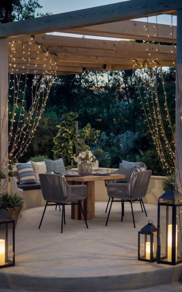 A photo of a chic California-style patio at night. There is a wooden pergola above the dining area, with string lights flowing vertically like curtains. The dining area has a wooden dining table with four chic chairs, and there are cushions, potted plants, and lanterns. The patio overlooks lush greenery, creating depth with soft shadows and reflections.