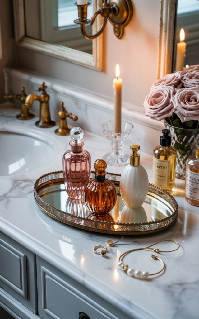 A photograph of an elegant French country-style bathroom vanity featuring a pristine white marble countertop with subtle gray veining. At the center, an ornate mirrored tray with delicate scalloped edges holds three perfume bottles of varying heights—one in dusty rose glass, another in amber crystal, and a third in pearl white—artfully arranged alongside a flickering vanilla candle in a cut-glass holder and scattered gold hoop earrings with lustrous pearl drops. Soft, warm light emanates from an antique brass wall sconce, casting gentle shadows and highlighting the golden accents throughout the scene, while a crystal vase filled with blush pink roses and vintage French toiletry bottles complete the romantic, timeless atmosphere.