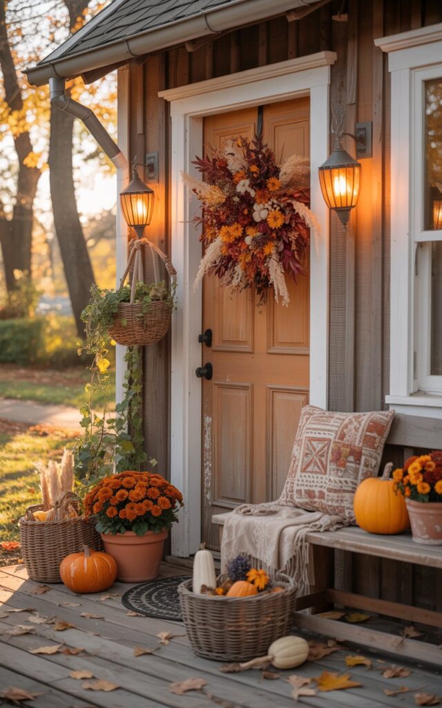 A photograph of a charming Boho-Cottagecore style house porch adorned with rich autumn decorations and warm, inviting lighting. The weathered wooden front door features a lush fall wreath made of dried orange marigolds, burgundy leaves, and wispy pampas grass, while two matching amber glass wall sconces flank the entrance, casting a honeyed glow across the rustic wooden planks. Terracotta pots filled with burnt orange mums and trailing ivy sit beside woven rattan baskets overflowing with small pumpkins, gourds, and dried corn stalks. The entire scene is bathed in soft golden hour light filtering through nearby trees, creating dancing shadows and highlighting the textural elements of macramé plant hangers, vintage quilted throws draped over a wooden bench, and scattered autumn leaves that complete this cozy, bohemian sanctuary.