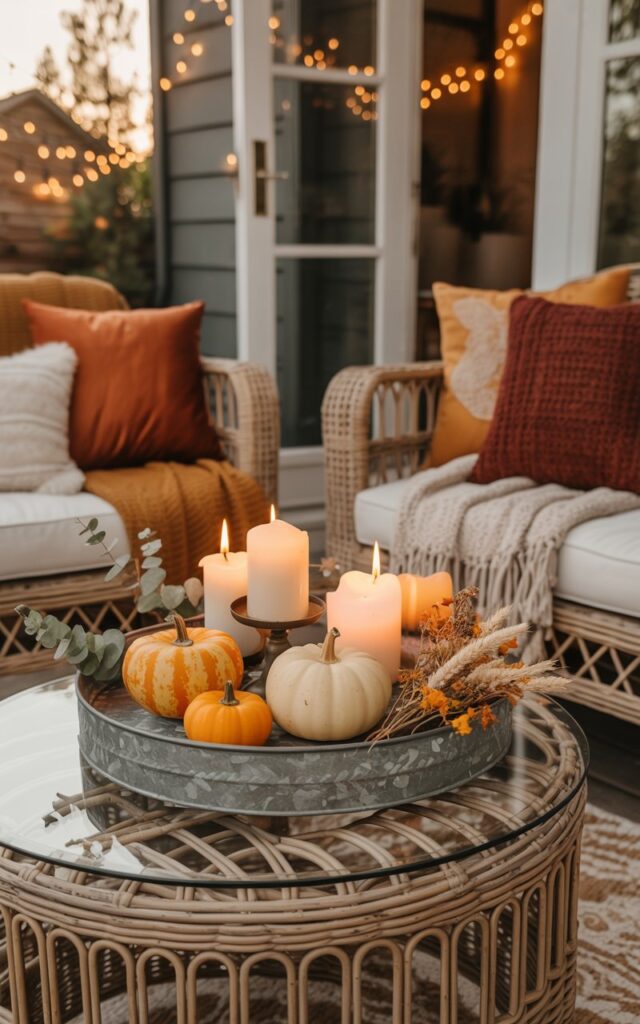 A photograph of a bohemian-style house porch decorated for autumn, centered around an elegant rattan table with a glass top. On the table, a weathered galvanized metal tray showcases flickering pillar candles in varying heights, miniature orange and cream pumpkins, and sprigs of eucalyptus and dried wheat stems arranged with artistic casualness. The seating area features natural wicker chairs adorned with layered cushions in burnt orange, deep burgundy, and cream tones, complemented by chunky knit throws and macramé details. Soft golden hour lighting filters through the scene, casting warm shadows that accentuate the varied textures of metal, glass, and natural fibers, while string lights overhead add a magical twinkle to the cozy bohemian autumn sanctuary.