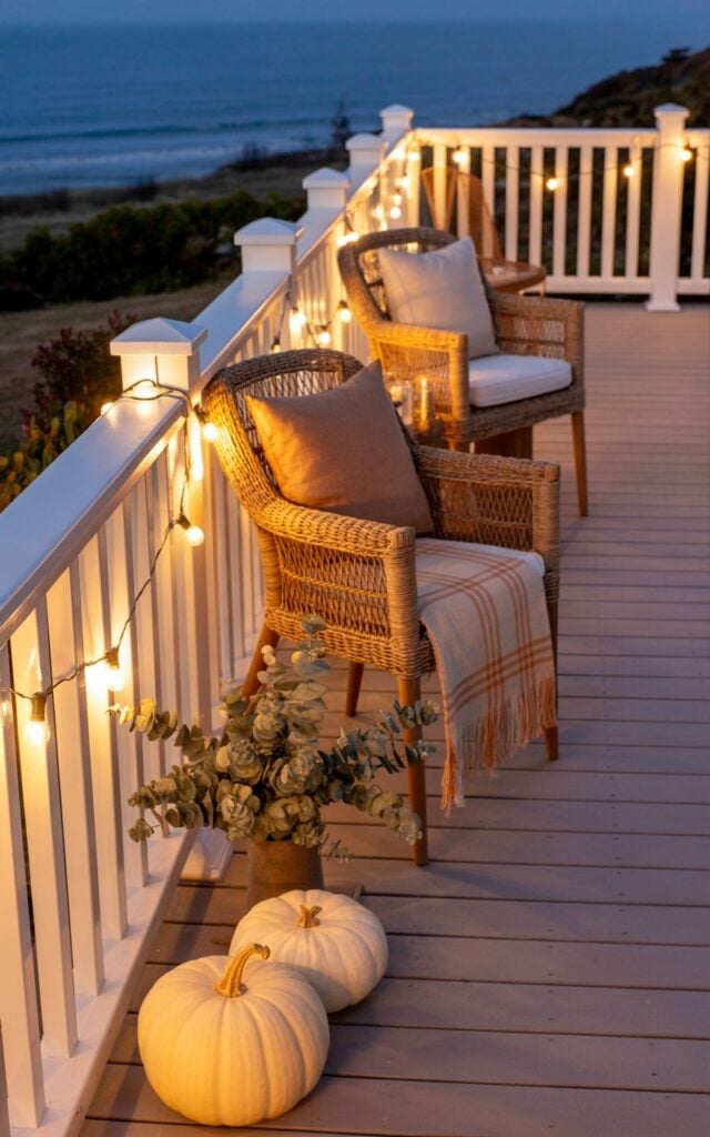 A nighttime photograph of a California coastal-style house porch decorated with understated fall elements, bathed in the warm amber glow of string lights. The white wooden railing is draped with delicate string lights that cast a soft, golden illumination across woven rattan chairs adorned with linen cushions in sandy beige and a light plaid throw in muted pumpkin orange. White pumpkins and dried eucalyptus arrangements are artfully scattered along the porch, their pale tones harmonizing with the coastal aesthetic while adding gentle autumn warmth. The string lights reflect off the weathered light wood deck planks, while a subtle ocean breeze creates movement in the eucalyptus stems, establishing a serene and inviting California fall evening ambiance.