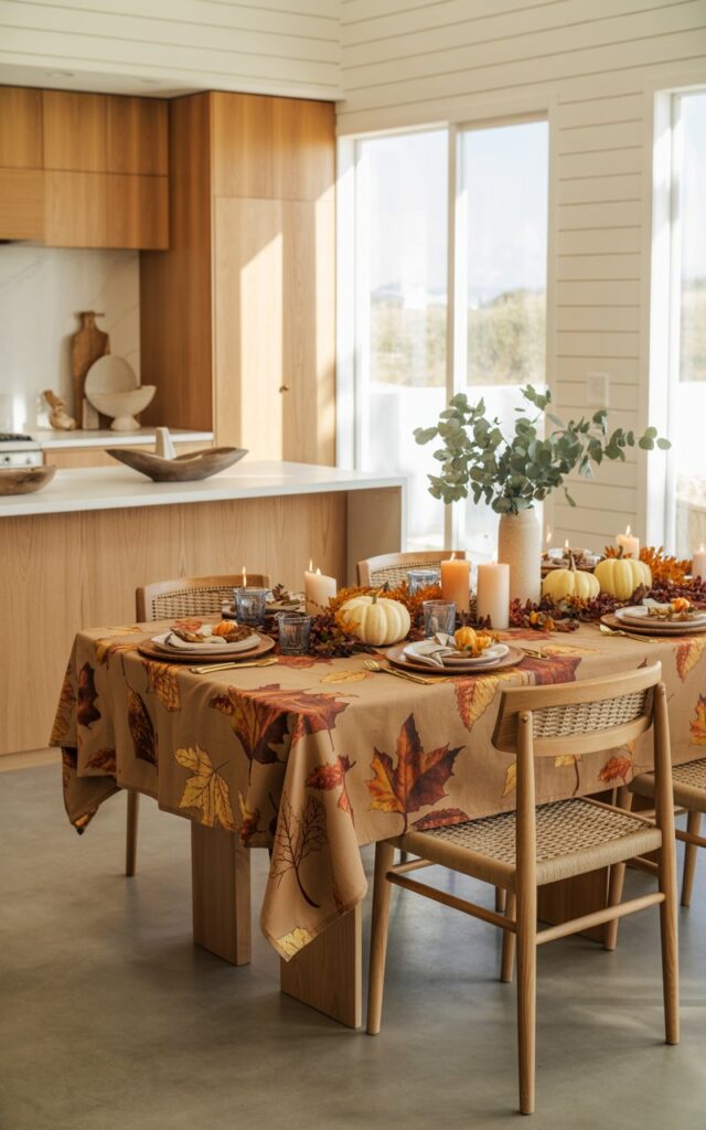 A photograph of a California coastal-style dining area seamlessly connected to a modern kitchen, showcasing light oak wood finishes and an airy, open layout. The dining table is draped with an earthy-toned table linen featuring autumn leaf patterns in burnt orange and deep amber, with elegantly plated seasonal dishes and neatly arranged woven dining chairs. Small decorative pumpkins in cream and terracotta hues, flickering pillar candles, and sprigs of eucalyptus and maple leaves create subtle fall accents throughout the space. Natural sunlight streams through expansive windows, illuminating the white shiplap walls and casting warm shadows across the polished concrete floors, while coastal elements like driftwood bowls and sea glass vases maintain the relaxed, sophisticated atmosphere.