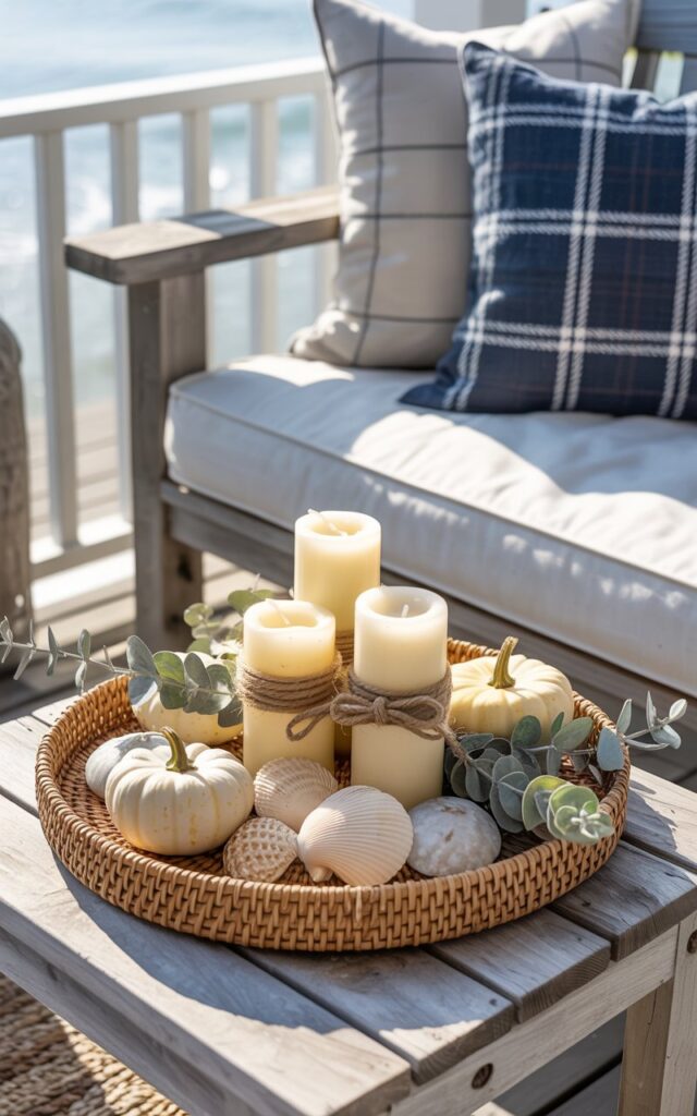 A close-up photograph of a weathered wooden side table on a California coastal-style porch, styled with elegant autumn décor. Three cream-colored pillar candles wrapped with natural jute twine bows rest on a woven rattan tray, surrounded by mini white pumpkins, silvery dried eucalyptus sprigs, smooth ivory seashells, and muted sage-green foliage. A whitewashed wooden bench with navy and cream plaid cushions sits adjacent to the table, while bright morning sunlight filters through the scene, casting gentle shadows and highlighting the textures of the natural materials. The overall atmosphere blends coastal tranquility with cozy fall warmth, creating a serene beach-meets-autumn aesthetic.