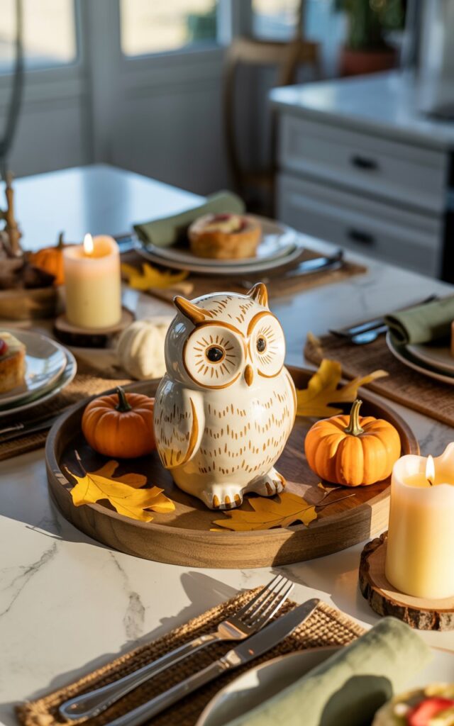 A close-up vignette photograph of a charming hand-painted ceramic owl figure positioned on a rustic wooden tray at the center of a California coastal kitchen island. The owl features warm cream and amber glazes with delicate brushwork details, surrounded by miniature orange pumpkins, scattered golden oak leaves, and flickering cream-colored candles in glass holders. The breakfast setup includes neatly folded linen napkins in sage green, plaid coasters, polished silverware, and plates with fresh pastries and fruit, all arranged with casual elegance. Soft morning sunlight filters through nearby windows, casting gentle shadows and highlighting the textures of the autumn décor against the clean white marble countertop.