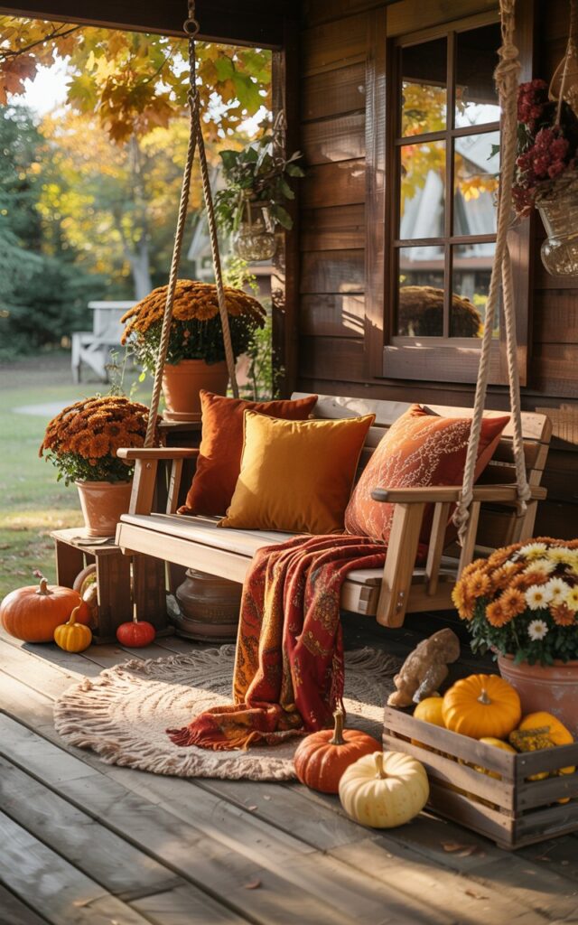 A dreamy Cottagecore-style photograph of a charming wooden porch decorated for autumn, featuring a rustic wooden swing as the centerpiece. The swing is adorned with plump cushions and throw pillows in rich burnt orange, golden mustard, and deep crimson patterns, creating an inviting nest for relaxation. Surrounding the swing are terracotta pots overflowing with bronze and amber chrysanthemums, scattered miniature pumpkins in various shades of orange and cream, and weathered wooden crates filled with seasonal gourds. Dappled sunlight filters through overhead maple branches, casting warm golden light across the scene and illuminating the textured wood planks and cozy textile details.