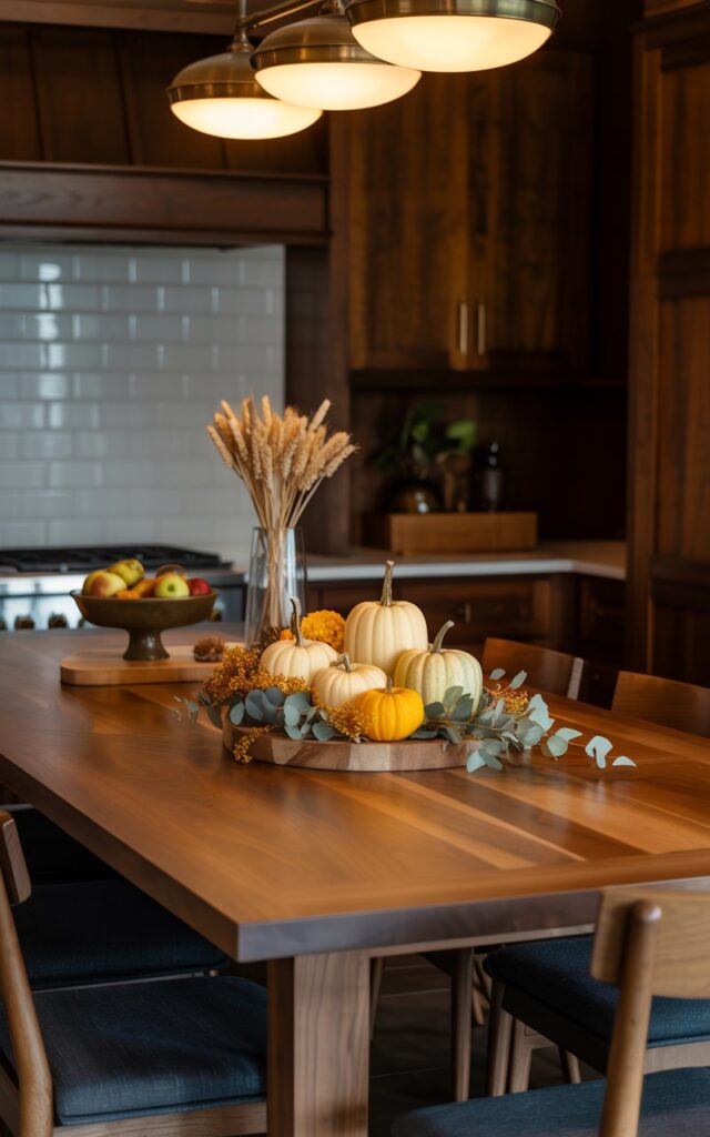 A photograph of an elegant Craftsman-style dining area with a large kitchen island as the centerpiece, featuring rich walnut wood with clean, geometric lines. The island displays a carefully arranged fall centerpiece of cream and orange gourds, eucalyptus branches, and mini pumpkins, flanked by a wooden cutting board, a ceramic fruit bowl filled with apples, and a small glass vase with dried wheat stems. Three brass pendant lights with frosted glass shades hang above, casting a warm amber glow across the scene and highlighting the natural wood grain. The island is surrounded by upholstered dining chairs in deep navy fabric, while the background reveals white subway tile backsplash and dark wood cabinetry, creating an inviting autumn atmosphere with sophisticated modern touches.