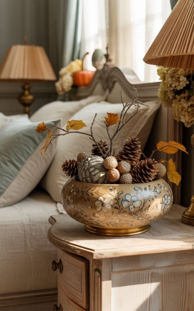 A photograph of a French country-style bedroom with the focus on an intricately hand-painted wooden bowl positioned on a weathered oak side table beside the bed. The decorative bowl showcases delicate floral motifs in muted blues and creams, filled with an artful arrangement of glossy pinecones, textured acorns, and small branches with golden autumn leaves. The surrounding bedroom features a plush linen bed with layered cream and sage green textiles, vintage brass bedside lamps with pleated fabric shades, and subtle fall accents including a small orange pumpkin and dried hydrangeas. Soft morning light streams through gauzy white curtains, casting gentle shadows that emphasize the bowl's painted details and create a warm, inviting atmosphere of rustic French elegance.
