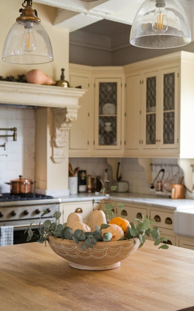 A photo of a French country-style kitchen with a charming kitchen island. The island is decorated with a decorative wooden dough bowl. The bowl is filled with 4-5 mini gourds and soft eucalyptus sprigs. The space includes cream-toned cabinetry, marble or butcher-block countertops, and vintage brass or copper fixtures. Above the island, elegant pendant lights with a slightly rustic touch cast a warm glow. The photo is a mid-shot close view of the dough bowl, placed in the center of the island.