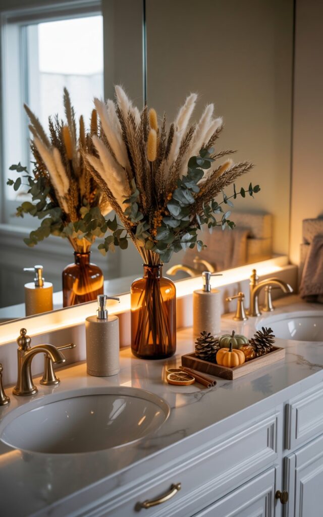 A luxurious bathroom counter that seamlessly blends Hollywood glamour with farmhouse charm, featuring a polished marble or quartz countertop with warm undertones. At the center, an elegant amber glass vase displays a carefully arranged bouquet of dried pampas grass, eucalyptus, and wheat stalks, flanked by coordinated accessories including a brass toothbrush holder, sleek soap dispenser, and a small wooden tray adorned with mini pumpkins and pinecones. The counter includes a large frameless mirror reflecting soft, warm lighting, while a white porcelain undermount sink is accented by brushed gold fixtures and hardware. Subtle autumn touches like scattered cinnamon sticks and dried orange slices complete the scene, with gentle ambient lighting casting a golden glow across the sophisticated yet cozy space.