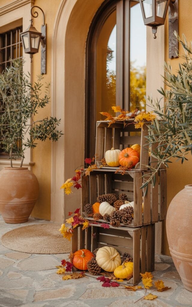 A photograph of an elegant Mediterranean-style house porch adorned with charming fall decorations beside an arched terracotta doorway. Three weathered wooden crates are artfully stacked at varying angles, overflowing with miniature orange and cream pumpkins, scattered pinecones, and vibrant autumn leaves in shades of amber, crimson, and golden yellow. Terracotta olive pots filled with silvery olive branches flank the entrance, while ornate wrought-iron lanterns hang gracefully from the stucco walls. A soft woven jute rug lies beneath the arrangement, and gentle afternoon sunlight filters through, casting warm golden highlights that illuminate the textured surfaces and create inviting shadows across the rustic stone flooring.