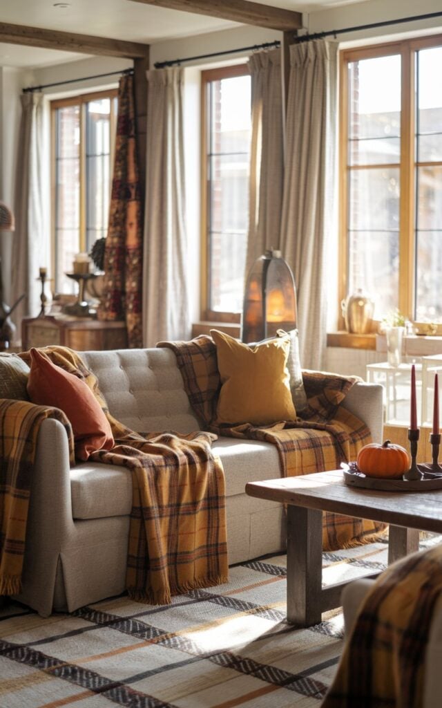 A photo of a modern rustic living room with a cozy vibe. A neutral-toned sofa is draped with warm plaid throws in shades of burnt orange, mustard, and deep brown. A wooden coffee table has a small pumpkin and candle arrangement. Soft natural light streams through curtained windows, highlighting wooden beams, textured rugs, and vintage accents. The room feels inviting, warm, and perfect for autumn.