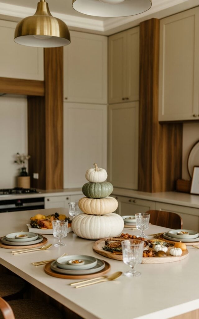 A photograph of a U-shaped modern farmhouse kitchen featuring a spacious central island that serves as both dining and display space. The island showcases a carefully curated fall tablescape with 3-4 stacked white and sage green pumpkins as the centerpiece, surrounded by elegant ceramic plates, polished silverware, crystal glasses, and artfully arranged platters of seasonal food. The kitchen displays warm walnut wood accents against matte cabinetry in soft sage and creamy beige tones, while brass pendant lights hang overhead, casting a gentle golden glow across the scene. The atmosphere radiates serene elegance and cozy sophistication, perfectly balancing seasonal charm with timeless farmhouse comfort.