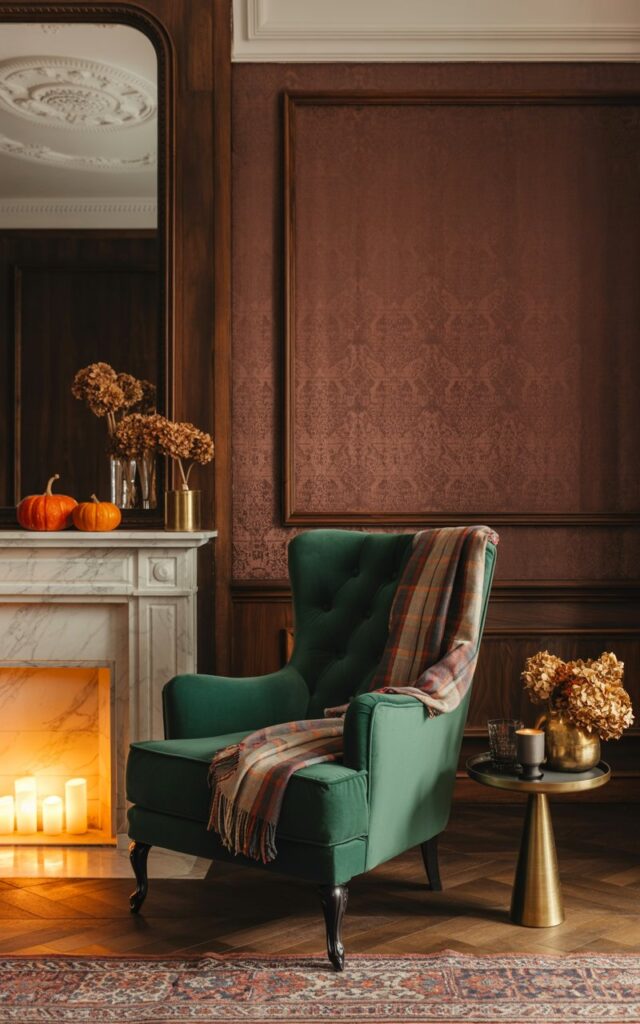 A photograph of an elegantly appointed modern Victorian living room with the focal point being a luxurious deep emerald velvet accent chair positioned near a softly glowing marble fireplace. The chair features button-tufted upholstery and curved wooden legs, with a cozy plaid wool scarf in autumn tones casually draped over its high back, creating an inviting contrast of textures. The room showcases rich architectural details including ornate white crown molding, dark wood wainscoting, and an intricate ceiling medallion, complemented by burgundy damask wallpaper and a sparkling crystal chandelier that casts warm light throughout the space. The marble fireplace mantel displays small orange pumpkins and flickering pillar candles, while dried hydrangeas in brass vases and a Persian area rug complete the sophisticated yet cozy autumn atmosphere, all bathed in the golden glow of dancing firelight.