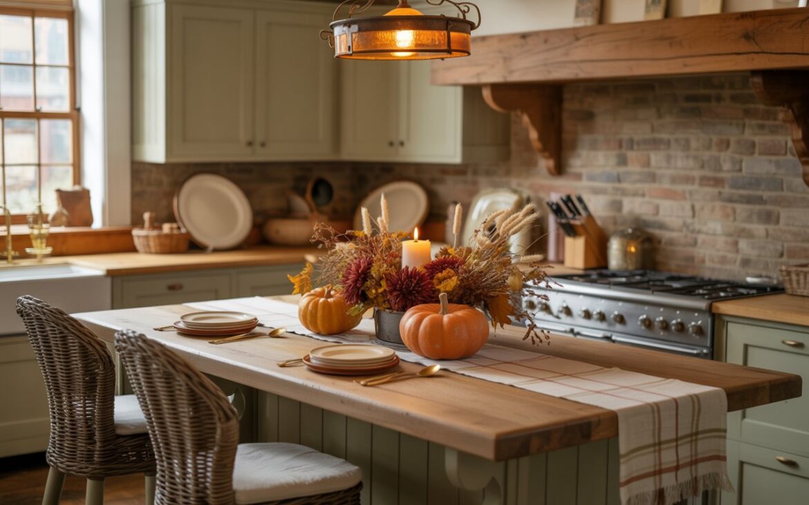A photograph of a charming English countryside kitchen featuring a rustic wooden central island elegantly styled for autumn. The island displays a beautiful fall centerpiece with two weathered orange pumpkins, a single flickering pillar candle, and arrangements of dried wheat stalks and burgundy chrysanthemums, all arranged atop a cream-colored linen runner with subtle plaid patterns. Vintage ceramic plates in warm cream tones are stacked alongside antique brass cutlery, while two woven wicker bar stools with linen cushions are positioned invitingly at the island's edge. Above, a wrought iron pendant light with amber glass casts a golden glow across the scene, illuminating the soft sage green cabinetry, exposed oak beams, and stone backsplash that complete this cozy countryside sanctuary.