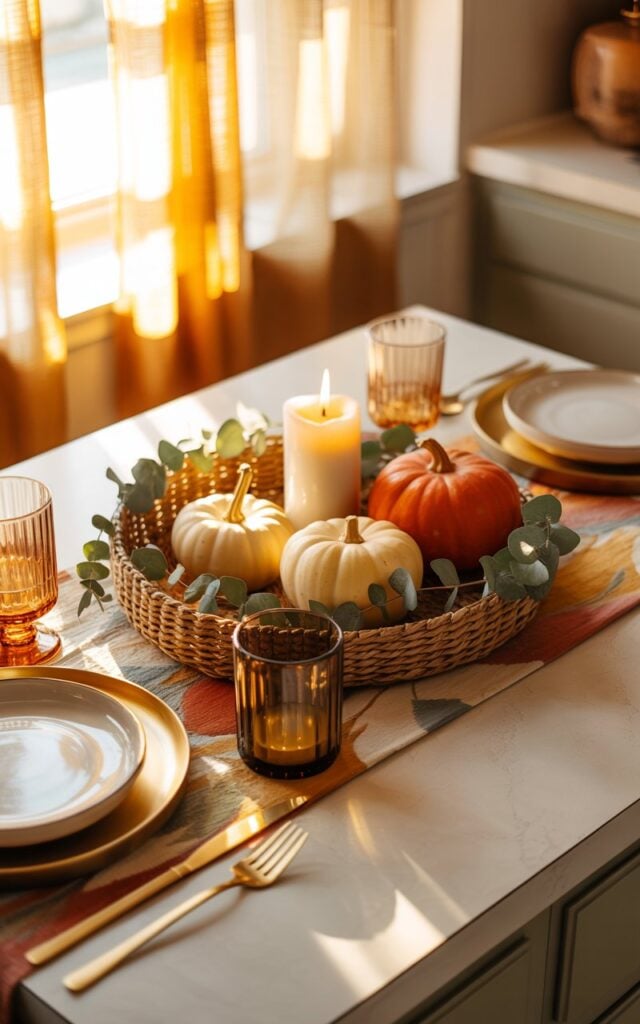 A close-up photograph of a kitchen island styled in boho-meets-glam aesthetic, with golden sunlight streaming through sheer curtains casting warm patterns across the scene. The centerpiece features a woven rattan tray holding three natural pumpkins in varying sizes, flickering ivory votive candles in brass holders, and delicate eucalyptus sprigs arranged on a textured fall runner with muted ochre and cream tones. Surrounding the organic display are elegant ceramic plates in warm white, brushed gold cutlery catching the light, and crystal glasses with subtle amber hues. The composition showcases rich textures of natural fibers, smooth ceramics, and gleaming metallics against a backdrop of warm neutral tones, creating an inviting autumn tablescape that perfectly balances rustic charm with luxurious sophistication.