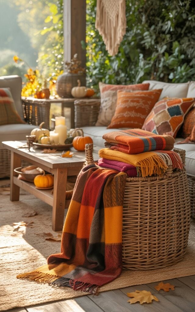 A warm, inviting photograph of a bohemian-style porch decorated for autumn, centered around a large woven rattan basket overflowing with plaid throws in rich burnt orange, deep crimson, and mustard yellow tones. The textured basket sits beside a rustic wooden coffee table adorned with mini pumpkins, flickering pillar candles, and scattered dried oak leaves, while eclectic seating features patterned cushions in earthy geometrics and flowing macramé wall hangings. Soft morning sunlight filters through lush surrounding greenery, casting dappled golden light across the layered jute rug and highlighting the intricate weave of the basket and the luxurious textures of the folded throws. The overall scene radiates cozy autumn warmth with bohemian charm, creating an irresistible invitation to settle in with a soft blanket.