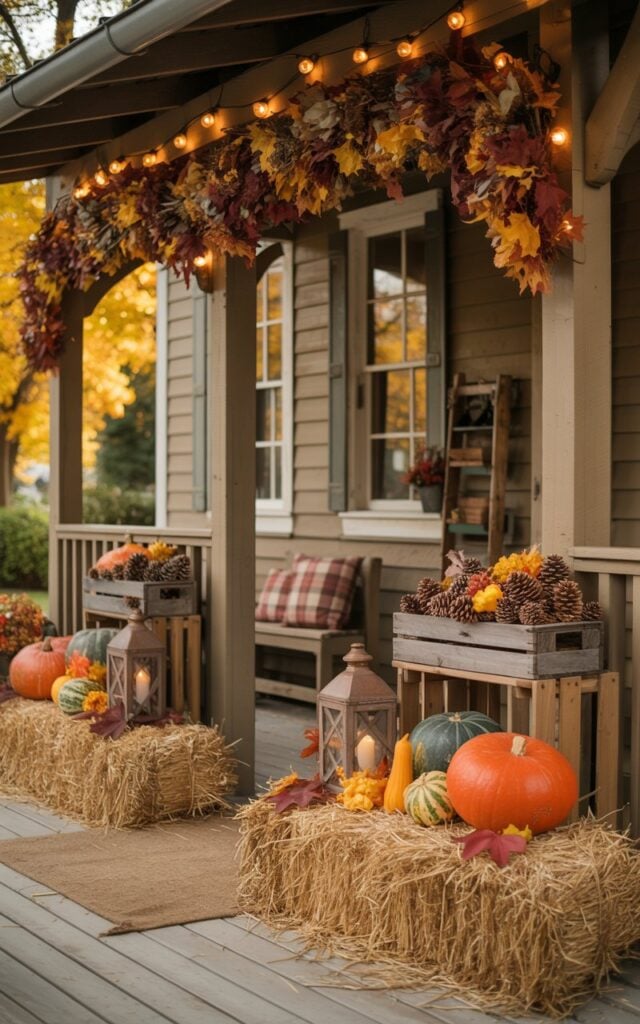 A photograph of a charming farmhouse porch viewed from the front, showcasing an elaborate fall decoration display with golden hay bales arranged as rustic display stands. The hay bales are topped with vibrant orange pumpkins, colorful gourds, and weathered lanterns with flickering candles, while small wooden crates overflow with pinecones and crimson maple leaves. The wooden porch railing is draped with lush autumn garland featuring burgundy and gold leaves, intertwined with warm amber string lights that cast a cozy glow. A wooden bench with plaid cushions and a rustic shoe rack complete the welcoming scene, all bathed in the soft golden light of late afternoon that enhances the warm harvest colors.