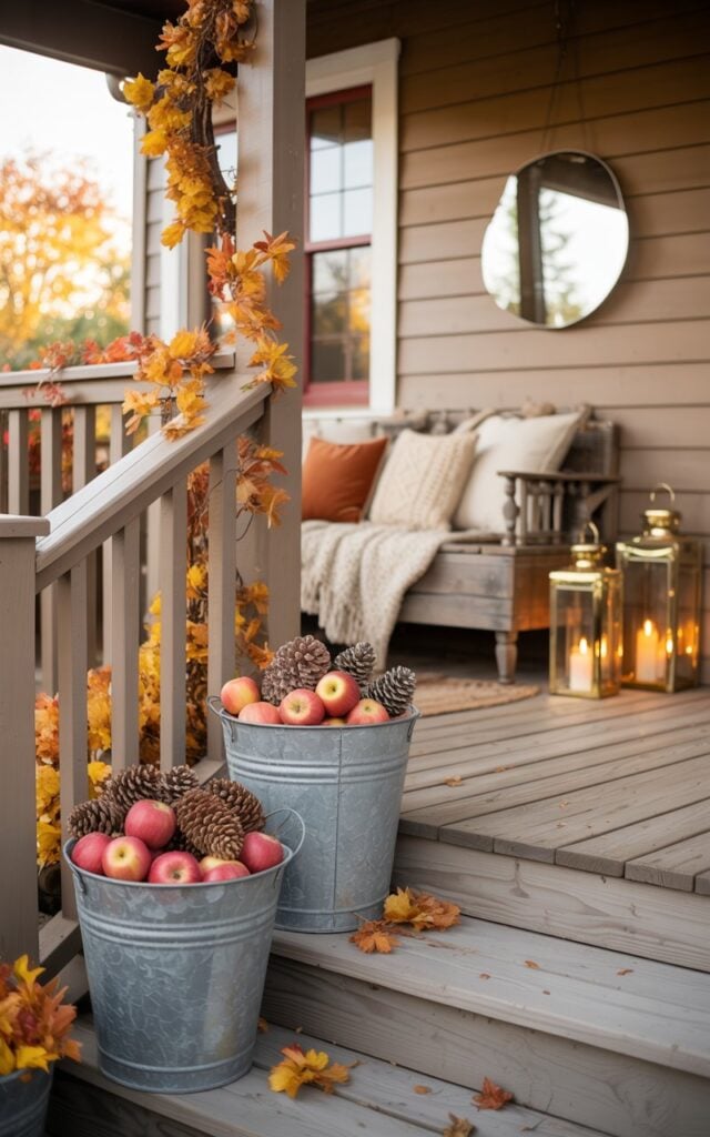 A photograph of a charming farmhouse-style porch adorned with subtle glam accents and autumn harvest decorations. Two galvanized metal buckets filled with crisp red apples and weathered pinecones are thoughtfully arranged beside weathered wooden steps and near a cozy seating area with layered cream and rust-colored pillows and chunky knit throws. Warm honey-toned wooden planks and railings create the foundation, while flickering lanterns with amber candlelight cast a gentle glow across gold-trimmed picture frames and a sleek circular mirror with metallic edging. Vibrant orange and golden fall foliage drapes naturally around the porch columns and railings, creating a warm, inviting seasonal atmosphere bathed in soft afternoon sunlight.