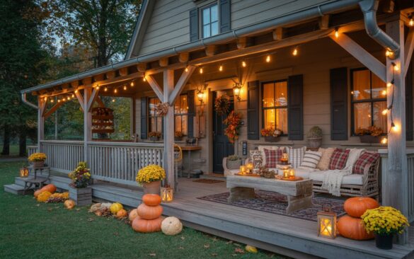 A wide-angle photograph of a charming farmhouse with alpine chic styling, showcasing a fully furnished front porch decorated for autumn at nighttime. The expansive wooden porch features rustic railings adorned with stacked orange pumpkins, potted golden mums, and scattered gourds, while a cozy seating area displays plaid cushions, chunky knit throws, and a weathered wooden bench. Warm string lights are draped gracefully across the porch ceiling, complementing glowing lanterns that cast a golden amber light over the natural textures of wood, wicker furniture, and seasonal foliage. A festive autumn wreath hangs on the front door, and a patterned rug anchors the welcoming entrance, creating an inviting rustic retreat against the backdrop of the full house structure.