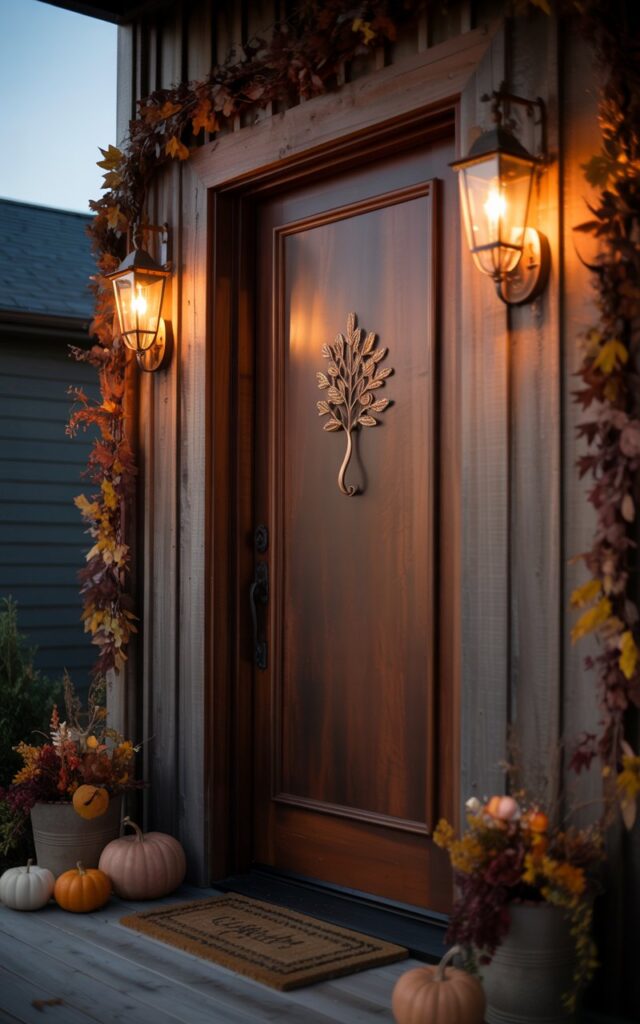 A nighttime photograph of an elegant rustic porch featuring a close-up view of a rich mahogany front door with a delicate bronze leaf-shaped door knocker at its center. The door is beautifully framed by two warm brass wall sconces that cast a golden glow across the weathered wood planks and wrought iron details. Sophisticated autumn décor adorns the porch, including cascading garlands of amber and burgundy leaves, small pumpkins in muted copper tones, and a plush woven doormat. The soft ambient lighting creates dramatic shadows while highlighting the metallic sheen of the bronze knocker and the inviting warmth radiating from the sconces against the deep evening sky.