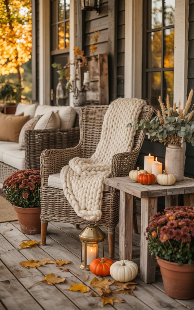 A photograph of an elegantly rustic front porch decorated for autumn, featuring a woven rattan chair as the focal point. The chair is adorned with a chunky cream-colored knit throw blanket casually draped over its back, positioned next to a weathered wood side table displaying flickering pillar candles, miniature orange and white pumpkins, and a simple ceramic vase filled with dried wheat and eucalyptus. The porch showcases layered textures including reclaimed barn wood flooring, soft linen cushions, brushed brass lanterns, and scattered amber maple leaves, with terracotta pots of burgundy mums flanking the seating area. Warm golden hour sunlight filters through the scene, casting a cozy glow that highlights the rich textures and creates an inviting, sophisticated autumn retreat.