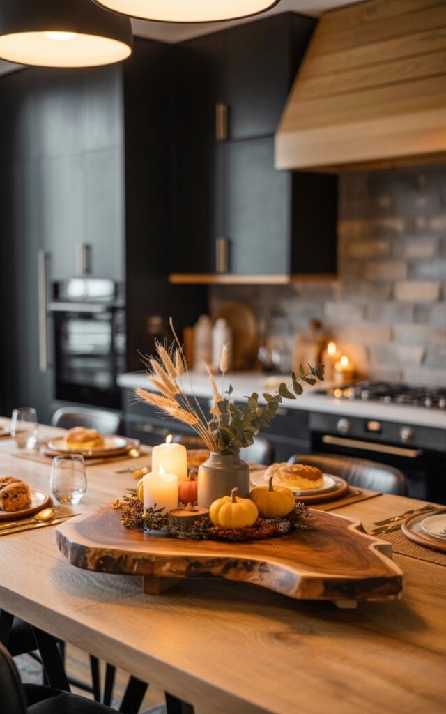 A close-up photograph of a chunky wooden centerpiece board with an organic, live-edge shape sitting on a modern rustic kitchen island. The weathered wood displays rich grain patterns and natural imperfections, topped with carefully arranged fall décor including flickering pillar candles, miniature orange pumpkins, and a small ceramic vase holding dried wheat stalks and eucaleus. The island features elegant bar stools, a beautifully plated breakfast spread with fresh pastries and gleaming cutlery reflecting the candlelight. The surrounding kitchen showcases sleek black cabinetry contrasted with warm natural wood elements, stone countertops, and industrial black pendant lights creating atmospheric depth in the softly blurred background, while warm ambient lighting casts gentle shadows across the textured surfaces.