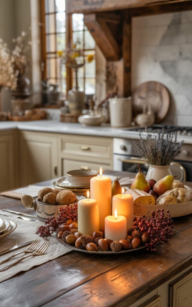 A close-up photograph of an elegant autumn vignette on a French country kitchen island, featuring 2-3 cream-colored pillar candles of varying heights surrounded by scattered acorns and deep burgundy faux berries. The warm candlelight flickers gently across the rich textures, casting dancing shadows on the weathered wood surface and highlighting the earthy tones of the seasonal arrangement, while ceramic dishes filled with rustic bread, aged cheese, and autumn pears are artfully arranged alongside vintage silver cutlery. In the softly blurred background, the kitchen reveals cream-colored cabinetry with aged brass hardware, pristine marble countertops, and rustic exposed wooden beams overhead. A linen table runner, ceramic crockery, and a delicate vase filled with dried lavender complete the romantic French countryside atmosphere, bathed in golden afternoon light filtering through unseen windows.