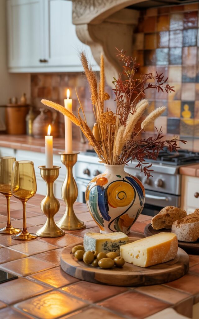 A close vignette photograph of a Mediterranean-style kitchen island featuring warm terracotta countertops and natural stone accents with rich, weathered textures. At the center, two gleaming brass candlesticks of varying heights are artfully grouped beside a hand-painted ceramic vase in earthy blues and ochres, filled with golden dried wheat stalks, feathery pampas grass, and burgundy autumn branches creating an elegant seasonal centerpiece. Rustic wooden platters display artisanal aged cheeses, glistening Kalamata olives, and torn pieces of crusty sourdough bread, while amber wine glasses catch and scatter the flickering candlelight across the scene. The soft golden glow from the lit candles reflects warmly off the polished brass surfaces and illuminates a unique hand-painted tile backsplash featuring Mediterranean motifs, creating intimate shadows that capture the essence of sun-warmed coastal charm blended with sophisticated autumn elegance.