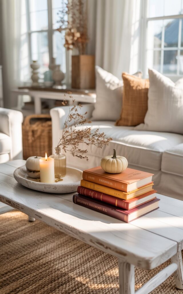 A photograph of a bright, airy coastal chic living room featuring whitewashed wood furniture and soft linen textures throughout the space. On a sleek driftwood coffee table, a carefully arranged stack of vintage books displays warm autumn-colored covers in burnt orange, deep burgundy, and golden yellow, creating an inviting seasonal centerpiece. The room seamlessly blends coastal elements like woven jute rugs, sea glass accents, and flowing white curtains with cozy fall touches including a small ivory pumpkin, flickering vanilla candle, and delicate dried eucalyptus sprigs. Natural sunlight streams through large windows, casting gentle shadows across the room and highlighting the harmonious marriage of ocean-inspired tranquility and autumn warmth.