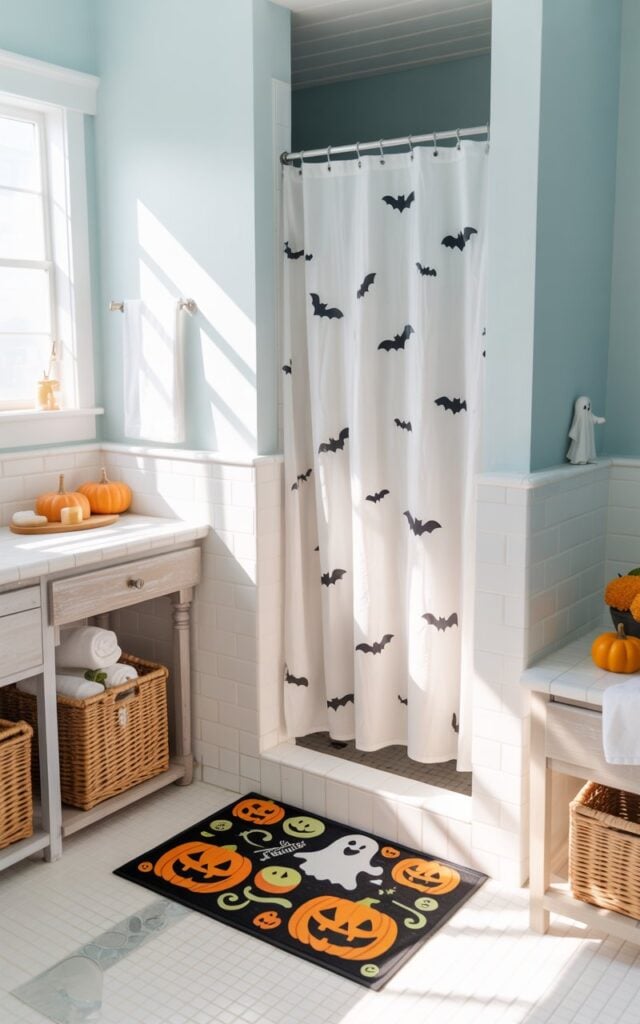 A bright, airy coastal-style bathroom featuring soft powder blue walls, crisp white fixtures, and natural textures throughout the space. The focal point is a vibrant Halloween-themed shower doormat with playful jack-o'-lanterns and friendly ghosts in orange and black, positioned in front of a glass shower door adorned with a white curtain decorated with scattered black bat silhouettes. Light driftwood vanity elements, woven seagrass baskets, and white subway tiles create the beachy foundation, while charming seasonal touches include miniature orange pumpkins nestled among rolled towels and a small white ghost figurine perched on the marble countertop. Natural sunlight streams through a frosted window, casting gentle shadows that enhance the room's fresh, playful atmosphere where coastal charm meets whimsical Halloween spirit.