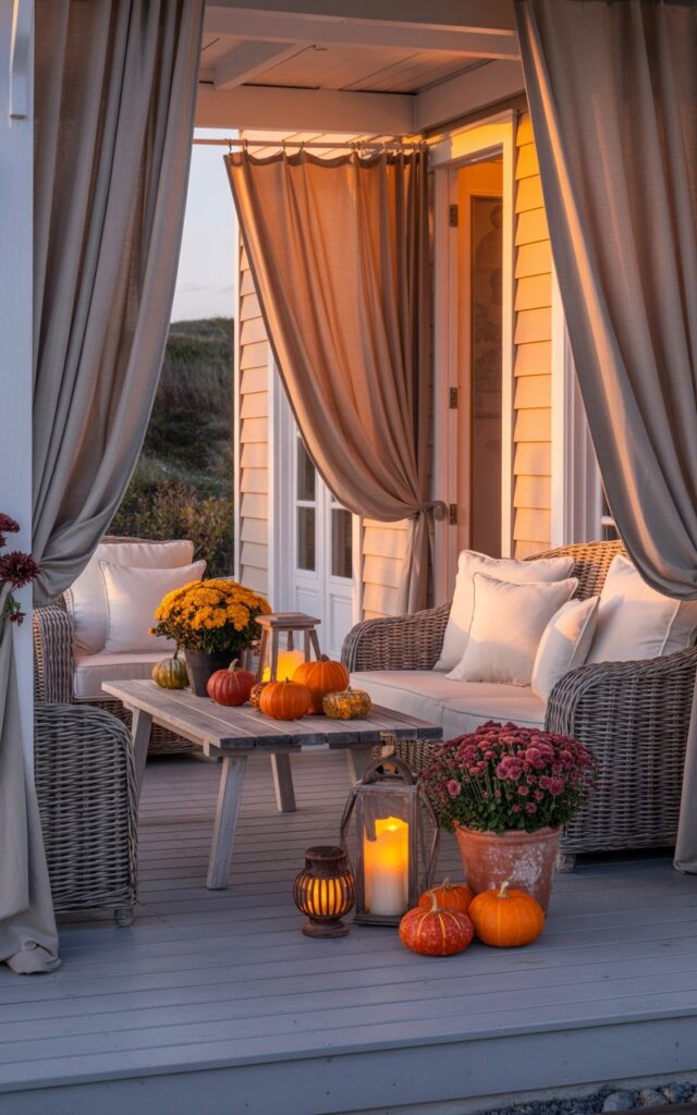 A photograph of an elegant coastal-style house porch decorated for autumn, captured during the golden hour at dusk. The seating area features weathered wicker furniture with plush cream cushions, framed by flowing outdoor curtains in soft beige and warm taupe that gently billow in the evening breeze. A rustic wooden coffee table displays an artful arrangement of miniature orange pumpkins, terracotta pots filled with burgundy chrysanthemums, and glowing hurricane lanterns with flickering candles. The fading sunlight bathes the entire scene in a warm amber glow, casting long shadows across the painted wooden deck boards and creating a serene coastal-fall atmosphere that perfectly balances seaside elegance with autumn comfort.