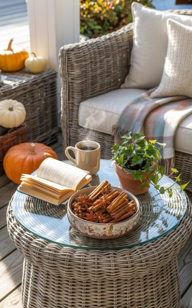 A photograph of a coastal-style house porch decorated for autumn, with a sleek glass-top side table serving as the elegant focal point of the scene. On the table sits a rustic ceramic bowl filled with aromatic cinnamon sticks and star anise, their rich brown textures creating visual warmth, while a steaming coffee mug, an open book with cream-colored pages, and a small terracotta potted plant with trailing green ivy complete the inviting arrangement. The surrounding porch features a comfortable wicker chair adorned with soft cream cushions and a light plaid throw in muted blues and grays, with several small pumpkins in warm amber and burnt orange tones scattered thoughtfully around the space. Golden morning sunlight streams across the scene, casting gentle shadows and highlighting the intricate textures of the spices, the reflective glass surface, and the woven details of the coastal decor.