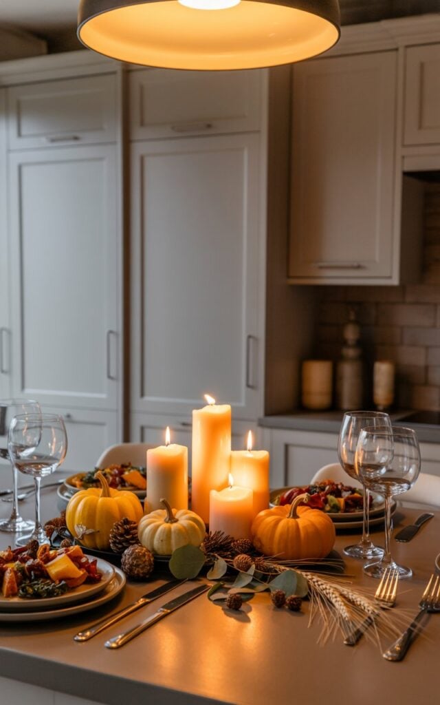 A photograph of a coastal-style kitchen island at nighttime, featuring whitewashed cabinetry and a warm pendant light casting a golden glow over the scene. Four pillar candles of varying heights create a symmetrical centerpiece, their flickering flames illuminating an arrangement of mini orange and cream pumpkins, scattered pinecones, and dried wheat stems and eucalyptus branches. Dinner plates with roasted vegetables and autumn fare, polished silverware, and wine glasses are thoughtfully arranged around the cozy display on the neutral-toned island surface. The pendant light above creates pools of warm amber light while soft shadows dance across the whitewashed cabinets, evoking an intimate and inviting atmosphere perfect for a seasonal evening gathering.