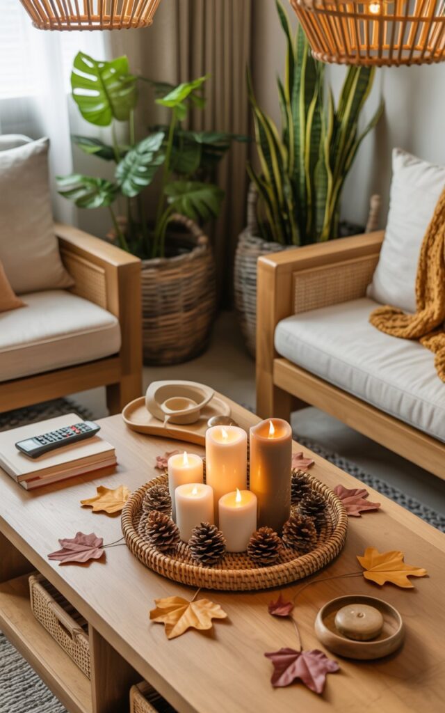 A contemporary-Balinese style living room interior featuring clean geometric lines blended with natural tropical elements and warm wood furnishings. The focal point is a low teak coffee table holding a decorative woven tray with four to five white and cream pillar candles of varying heights, artfully surrounded by scattered pinecones and realistic faux autumn leaves in rich amber and burgundy tones. Books with neutral covers, a sleek black remote control, and small ceramic bowls containing everyday essentials are thoughtfully arranged nearby, while plush linen cushions and a chunky knit throw add cozy textures to the seating area. Tall monstera and snake plants in natural fiber baskets frame the space, and soft amber lighting from rattan pendant lamps creates gentle shadows that enhance the serene tropical-autumn fusion atmosphere.